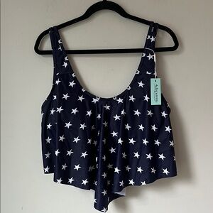 Adidputent Women’s Star Spangled Navy Blue Swim Top with Ruffles size XXL 🕶️